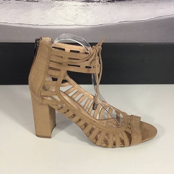 Franco Sarto Ernie Tan Faux Suede Block Heel Open Toe Cage Zip Tie Sandals Sz 8 - Picture 4 of 12